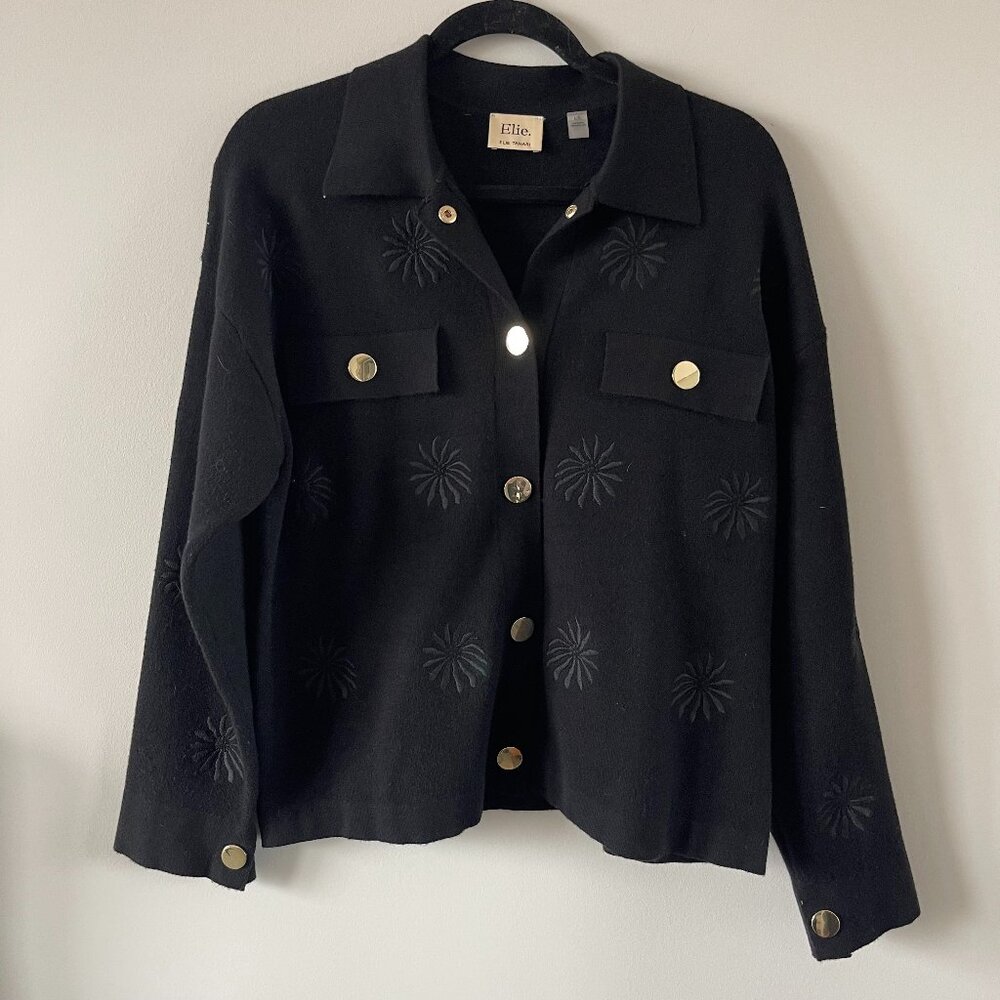 ELIE TAHARI Snap Button Up Floral Embroidered Knit Blazer Cardigan